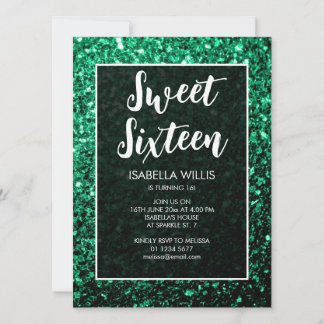 Smaragdgrüne Glitzern Sweet 16 elegante Schrift Einladung