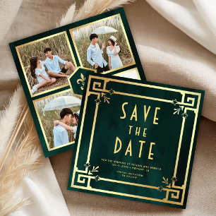 Smaragdgrüne Gold Art Deco Foto Collage Hochzeit Save The Date