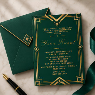 Smaragdgrüne Gold Art Deco Luxus-Gala-Feier Einladung