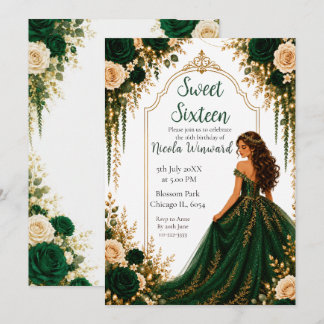 Smaragdgrüne Gold-Blumen-Sweet-Sixteen-Party Einladung