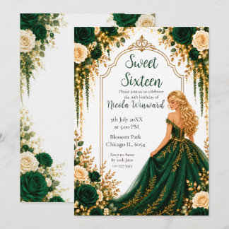 Smaragdgrüne Gold-Blumen-Sweet-Sixteen-Party Einladung