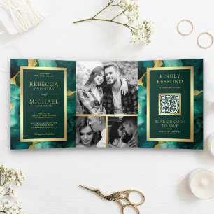 Smaragdgrüne Gold Flüssigtinte QR Code Hochzeit Dreifach Gefaltete Einladung