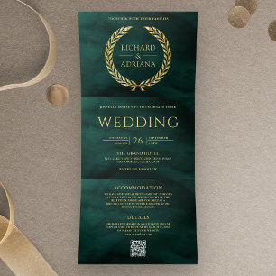 Smaragdgrüne Gold-Lorbeer-Minimal-QR-Code-Hochzeit Dreifach Gefaltete Einladung