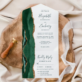 Smaragdgrüne Gold-Menüoptionen Hochzeit All In One Einladung
