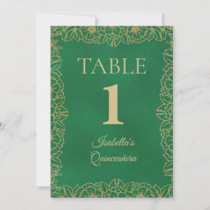 Smaragdgrüne Gold Quinceanera-Tischnummer Einladung