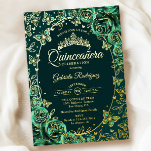 Smaragdgrüne Gold Schmetterlinge Rosen Quinceanera Folieneinladung