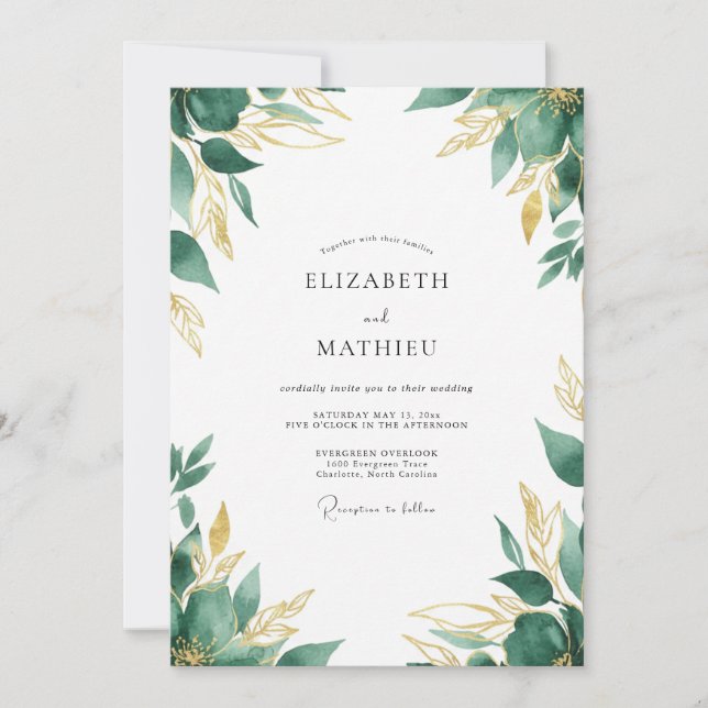 Smaragdgrüne Goldblatt-Hochzeit Einladung (Vorderseite)