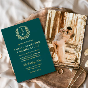 Smaragdgrüne Goldene Blattkrone Foto Hochzeit Folieneinladung