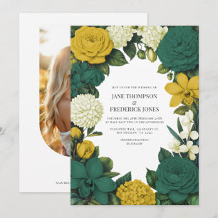 Smaragdgrüne, Goldene & Elfenbeinfarbene Florale H Einladung