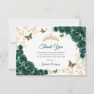 Smaragdgrüne Goldene Florale Quinceanera Dankeskarte