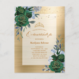 Smaragdgrüne Goldene Florale Quinceañera Postkarte