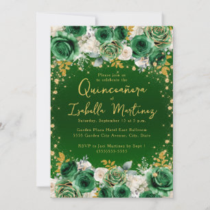 Smaragdgrüne Goldene Florale Quinceañera Sweet 15 Einladung