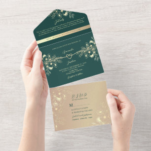 Smaragdgrüne Goldene Foto-Hochzeit All In One Einladung