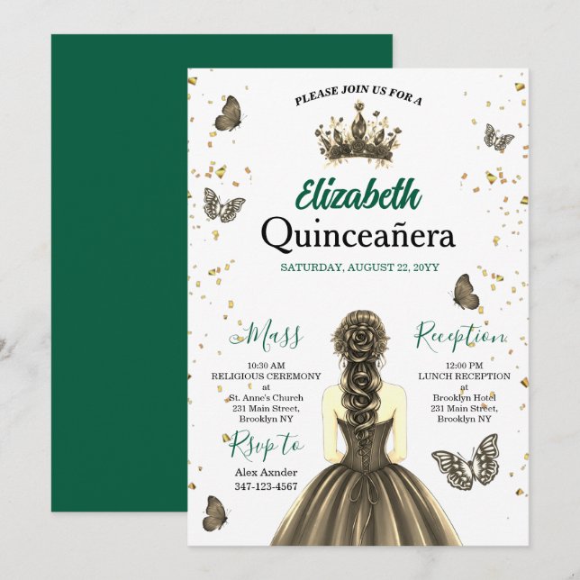 Smaragdgrüne Goldene Quinceañera-Einladung Einladung (Vorne/Hinten)