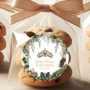Smaragdgrüne goldene Tiara Floral Quinceañera Runder Aufkleber