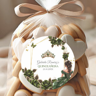Smaragdgrüne goldene Tiara-Rosen Quinceañera Runder Aufkleber