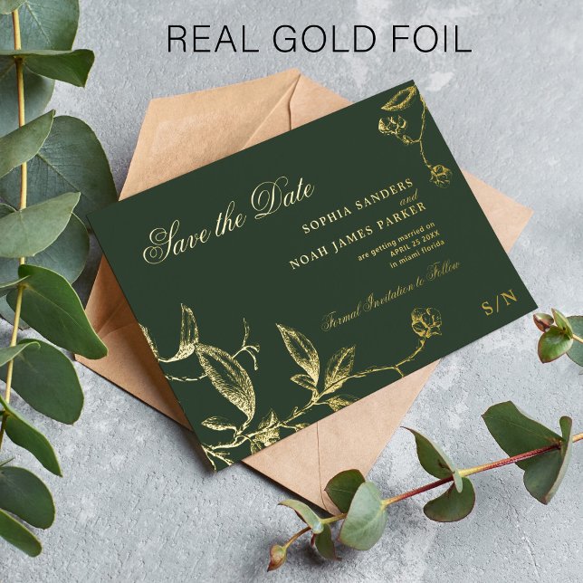 Smaragdgrüne goldfarbene Hochzeit Save the Date Folieneinladung (Von Creator hochgeladen)