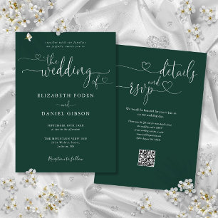 Smaragdgrüne Herz-Schrift-QR-Code-Hochzeit Einladung