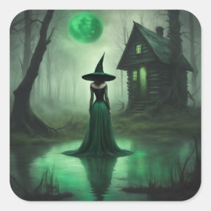Smaragdgrüne Hexenhütte im Halloween-Wald Quadratischer Aufkleber