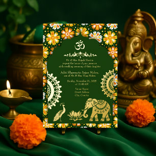 Smaragdgrüne hinduistische Pfauen-Lotos-Hochzeit i Folieneinladung