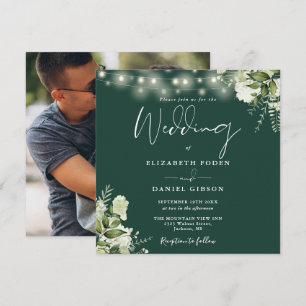 Smaragdgrüne Lichterkette Florale Foto-Hochzeit Einladung
