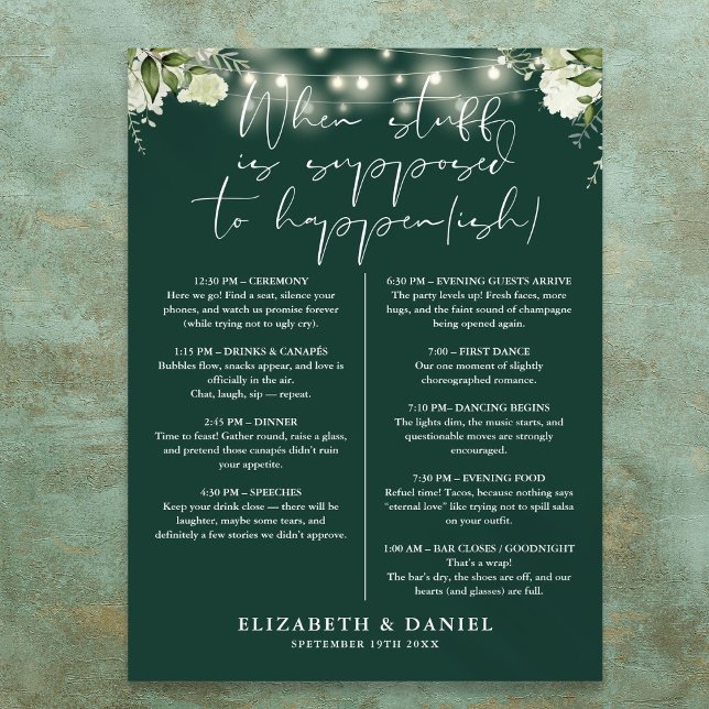 Smaragdgrüne Lichterkette Florale Hochzeitsplanung Poster (Emerald String Lights Floral Wedding Itinerary Poster)