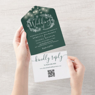 Smaragdgrüne Lichterkette QR-Code Hochzeit All In One Einladung