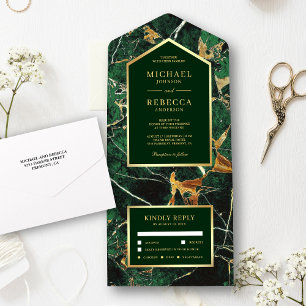 Smaragdgrüne Marmor-Faux-Goldfolien-Hochzeit All In One Einladung