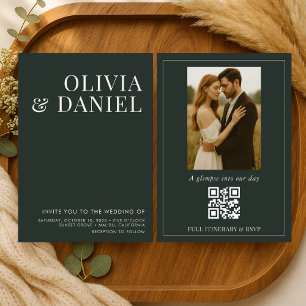 Smaragdgrüne minimalistische Foto-QR-Code-Hochzeit Einladung