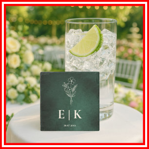 Smaragdgrüne Monogramm-Wildblumen-Hochzeit Steinuntersetzer