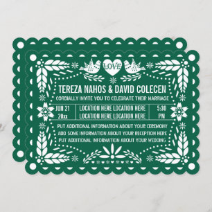 Smaragdgrüne Papel Picado Liebesvögel Hochzeit Einladung