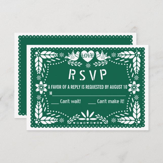 Smaragdgrüne Papel picado Liebesvogelhochzeit RSVP Karte (Vorne/Hinten)