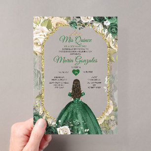 Smaragdgrüne Quinceañera Gold Glitter Floral Acryleinladungen