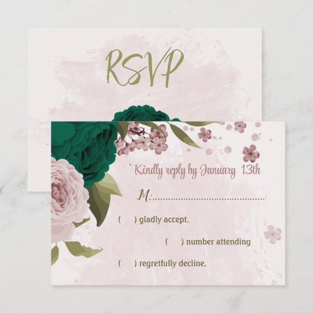 smaragdgrüne rosa Blume botanische Hochzeit RSVP Karte (Vorne/Hinten)