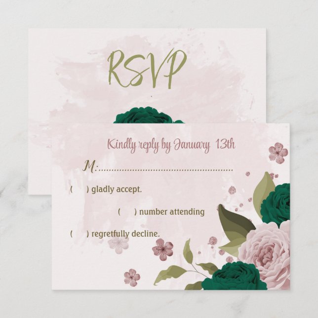 smaragdgrüne rosa Blume botanische Hochzeit RSVP Karte (Vorne/Hinten)