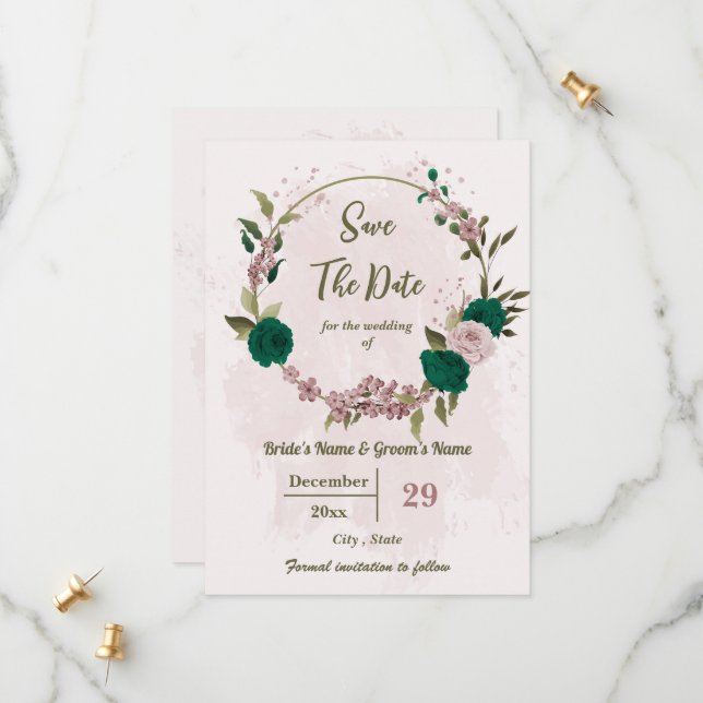 smaragdgrüne rosa Blume botanische Hochzeit Save The Date (Vorderseite/Rückseite Beispiel)