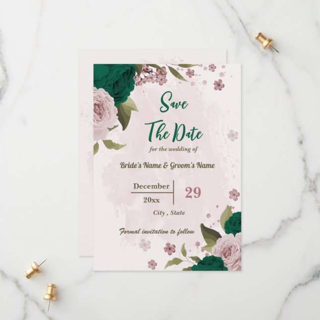 smaragdgrüne rosa Blume botanische Hochzeit Save The Date (Vorderseite/Rückseite Beispiel)