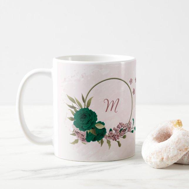 smaragdgrüne rosa Blumen  Kaffeetasse (Mit Donut)