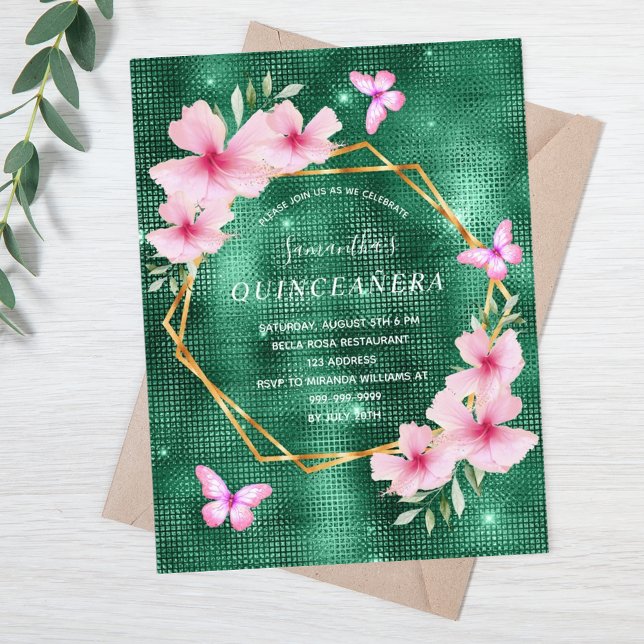 Smaragdgrüne rosa Blüten Quinceanera Postkarte (Von Creator hochgeladen)