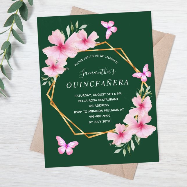Smaragdgrüne rosa Blüten Quinceanera Postkarte (Von Creator hochgeladen)