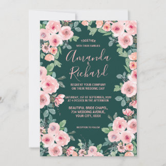 Smaragdgrüne Rosarote Rustikale Florale Hochzeit Einladung