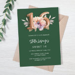 Smaragdgrüne Rose Goldpfirsichblüte Süße 16 Einladung<br><div class="desc">Eine moderne, stilvolle und glamouröse Einladung zu einem Sweet 16. Grün, grün, mit rosa, pfirsichfarbenen und lila Blume in Aquarelltönen dekoriert. Der Name ist mit einer modernen dunklen Rose goldfarbenen Handschrift geschrieben, die als Stilschrift dient. Personalisieren Sie Ihre Party-Daten und fügen Sie sie hinzu. Nummer 16 wird mit einem Schriftart...</div>