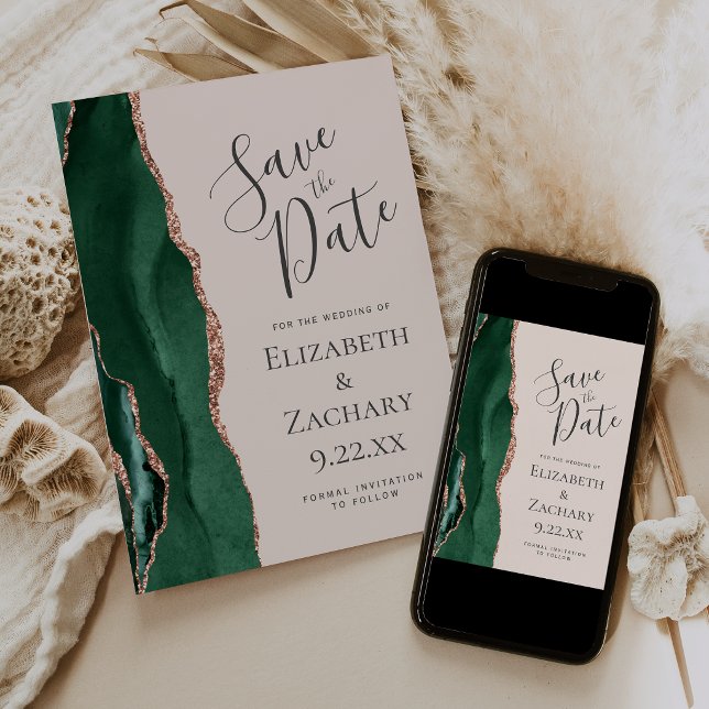 Smaragdgrüne Roségold-Achat-Blush Save-the-Date-Ka Save The Date (Von Creator hochgeladen)