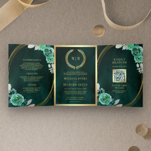 Smaragdgrüne Rosen Alles in Einem QR-Code Hochzeit Dreifach Gefaltete Einladung