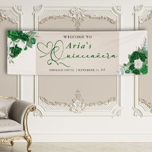 Smaragdgrüne Rosen Florale Quinceanera Begrüßung Banner
