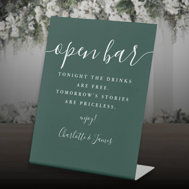 Smaragdgrüne Signature-Script-Open-Bar Sockelschild (Emerald Green Signature Script Open Bar Pedestal Sign)