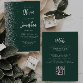 Smaragdgrüne Silber-Glitter-QR-Code-Hochzeit Einladung
