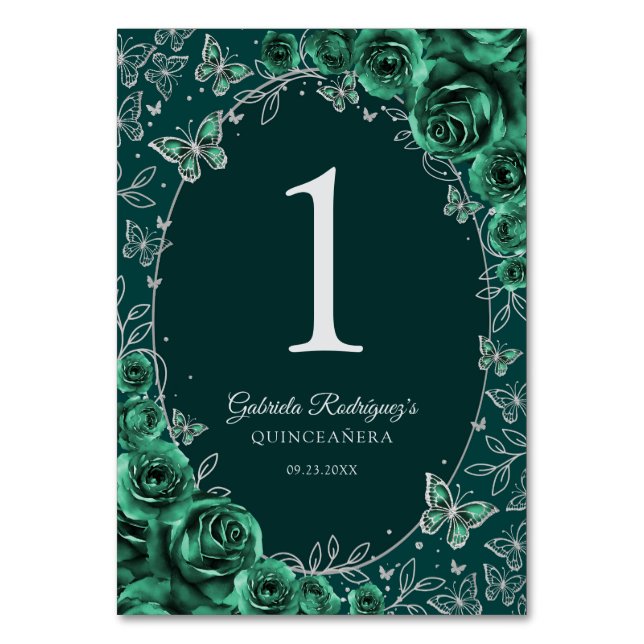 Smaragdgrüne Silber-Quinceanera Tischnummer (Vorderseite)