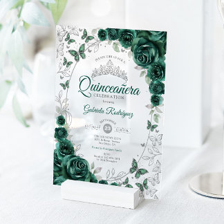 Smaragdgrüne silberne Blumen-Quinceanera Acryleinladungen