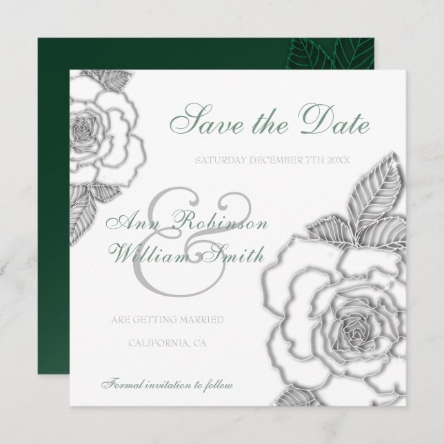 Smaragdgrüne silberne Rose rustikale Hochzeit Save The Date (Vorne/Hinten)